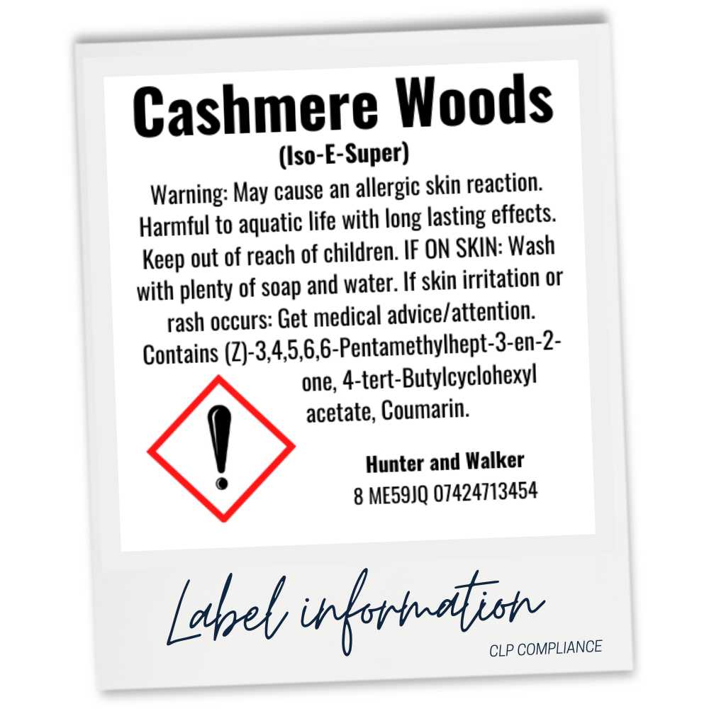 CLP product label for 'Cashmere Woods' with warning information and contact details.