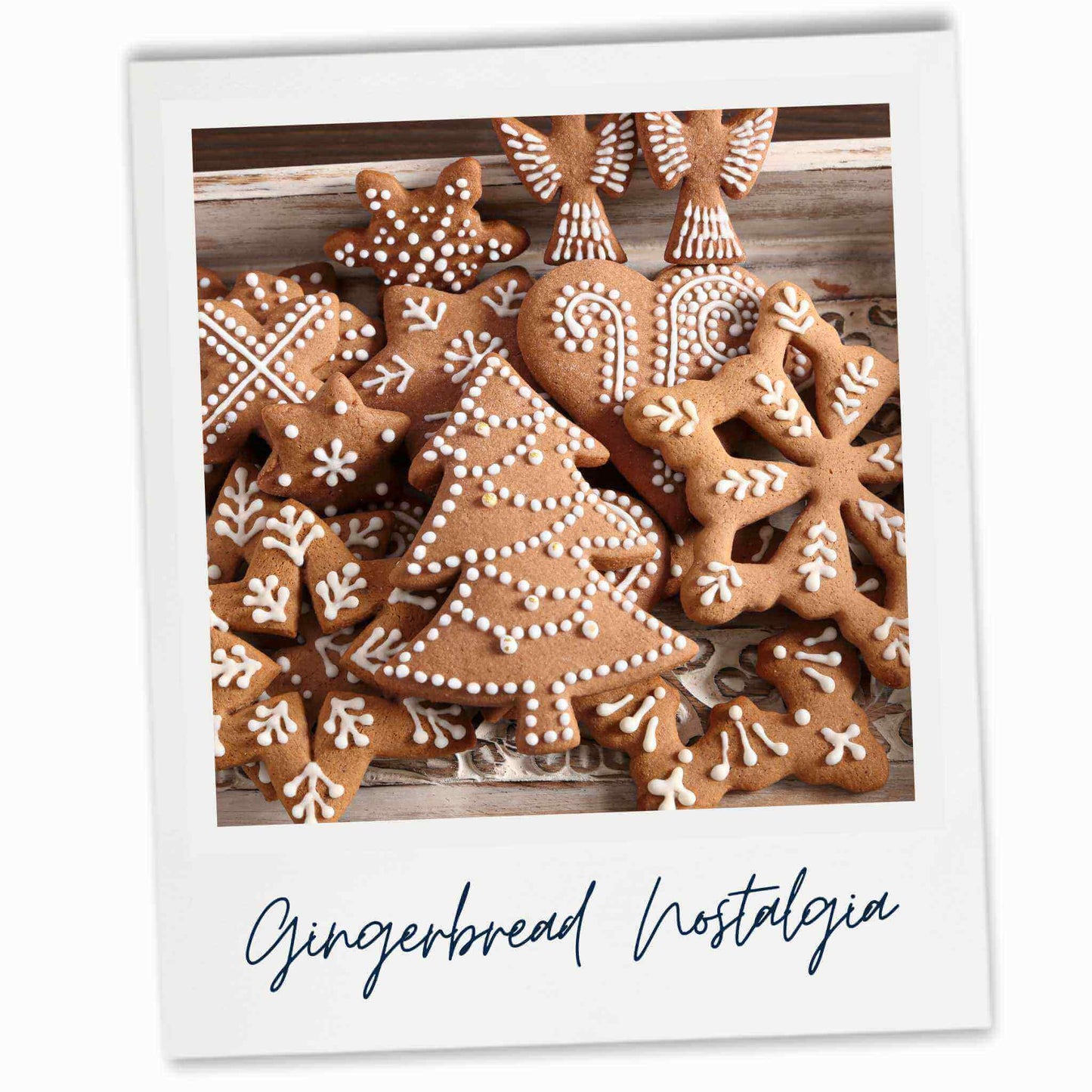 Decorative gingerbread cookies with icing on a wooden surface, labeled 'Gingerbread Nostalgia'.