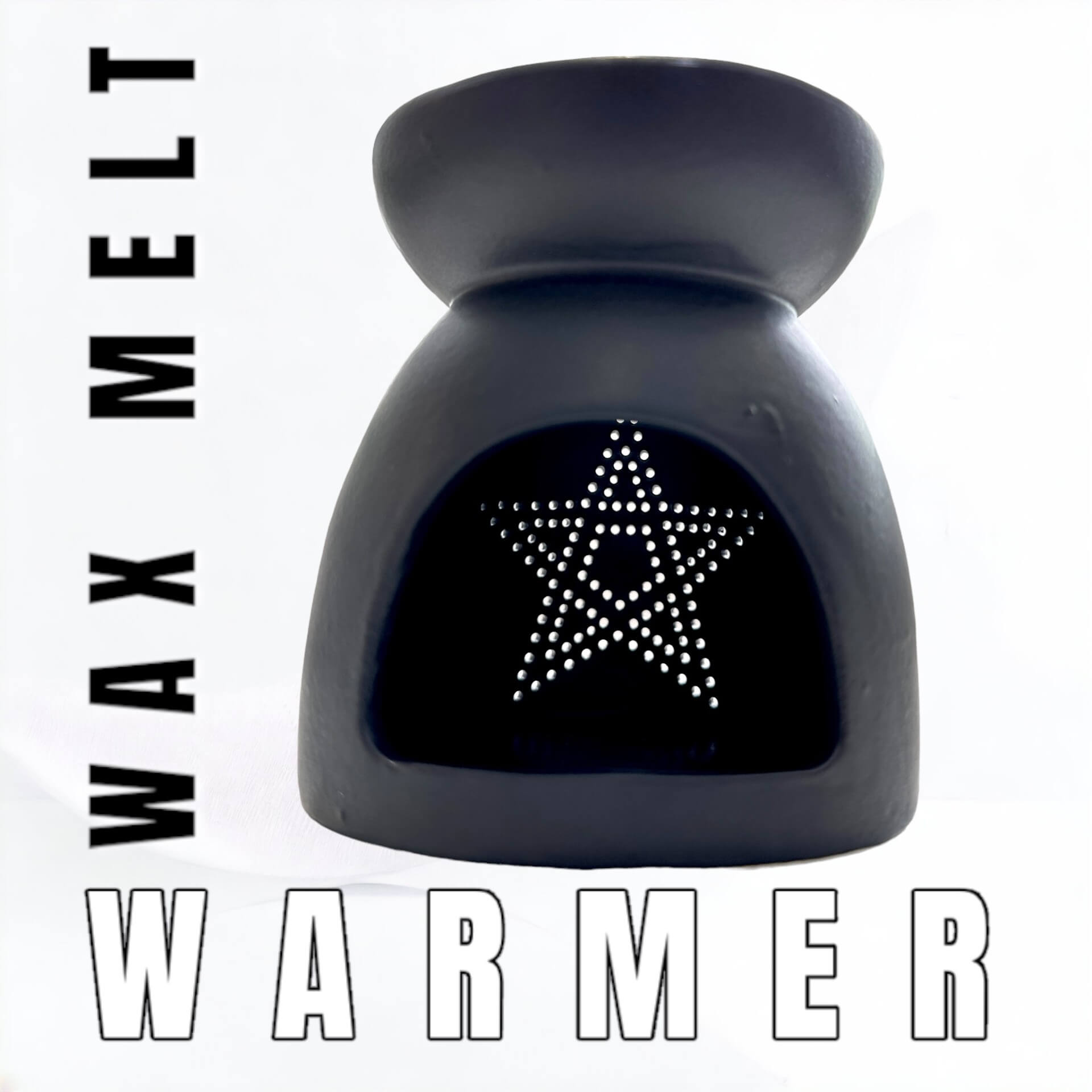 Matte black Halloween wax burner with pentagram design and open front for tealight