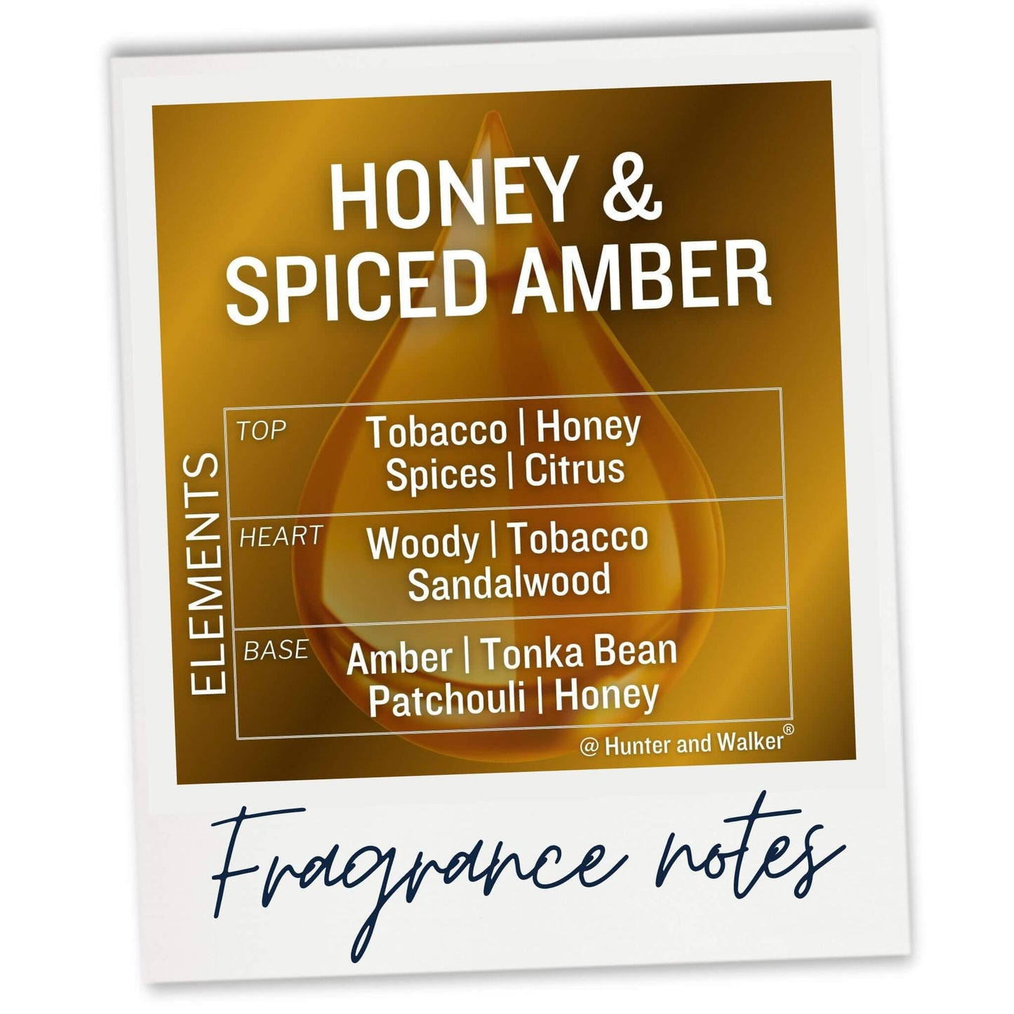 Luxury wax melts made with coconut and rapeseed wax. Hand poured in Kent, UK. A dark and sophisticated blend of Honey, Tabacum leaf and Spices, enhanced with a warm base of Amber, Tonka Bean and Patchouli accords