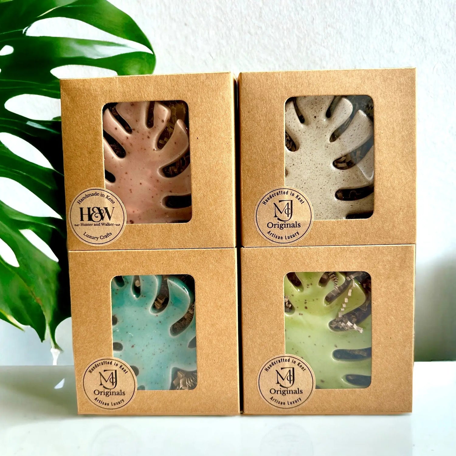 Handmade ceramic tealight holders in 4 coloured Monstera leaf designs