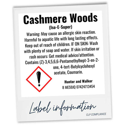 CLP product label for 'Cashmere Woods' with warning information and contact details.