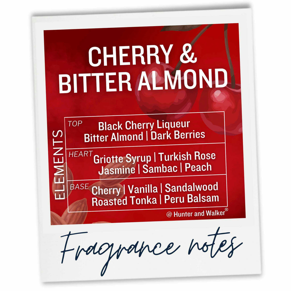 A fragrance notes card for 'Cherry & Bitter Almond' by Hunter and Walker, featuring a red background with cherry illustrations and a white border with the text 'Fragrance notes' written below.