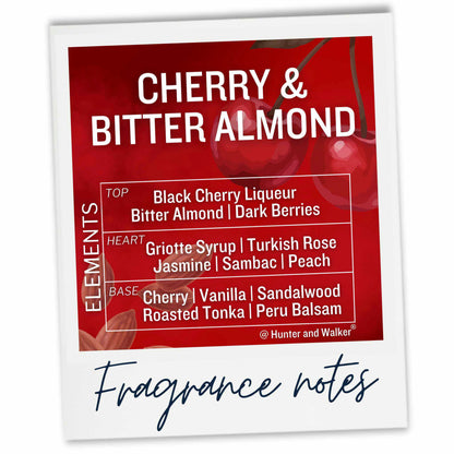 A fragrance notes card for 'Cherry & Bitter Almond' by Hunter and Walker, featuring a red background with cherry illustrations and a white border with the text 'Fragrance notes' written below.