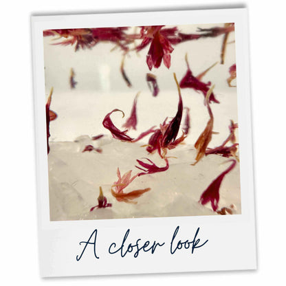 Close-up of pink cornflower petals and quartz crystal decoration inside a plum and rhubarb scented reed diffuser bottle