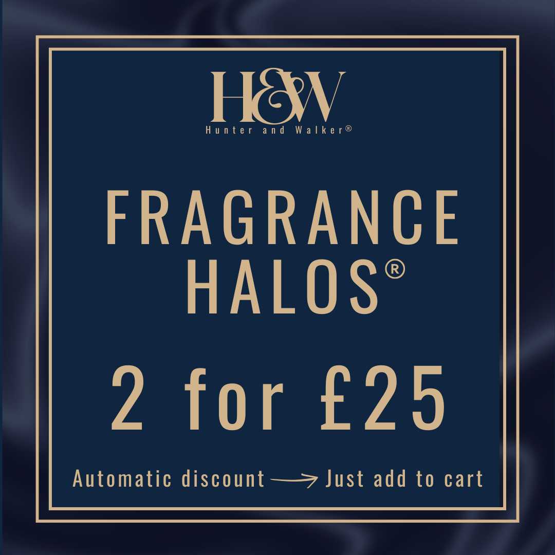 Advertisement for Hunter and Walker Fragrance Halos with a discount offer of 2 for £25 on a dark blue background.