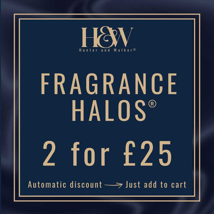 Advertisement for Hunter and Walker Fragrance Halos with a discount offer of 2 for £25 on a dark blue background.
