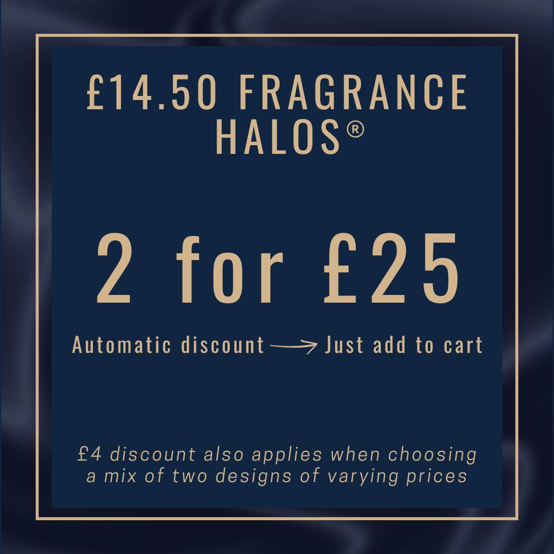 Promotional text for fragrance halos with pricing and discount information on a dark blue background.