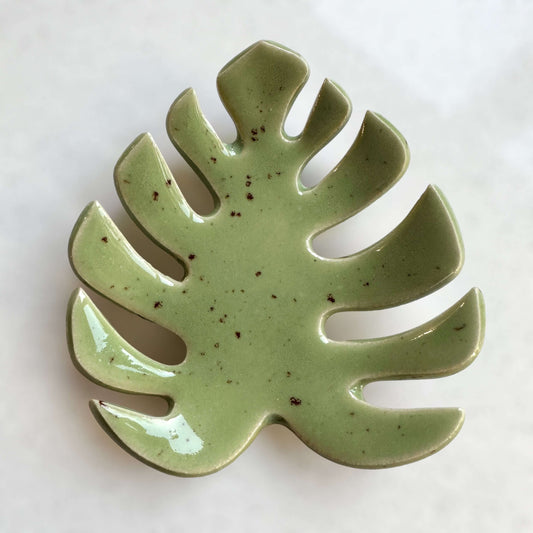 Green Monstera leaf luxury tealight holder front