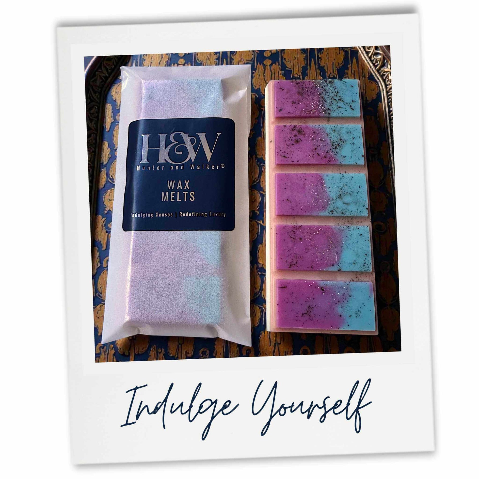 Wax melts packaging with 'H&W' branding on a decorative background with text 'Indulge Yourself'.