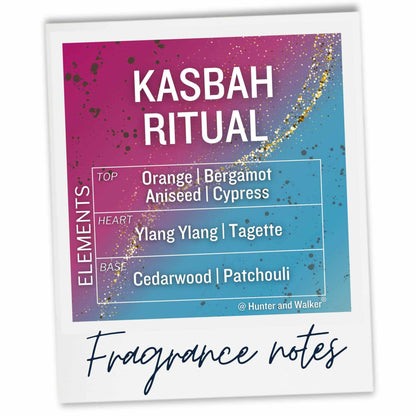 Fragrance notes card for 'Kasbah Ritual' by Hunter and Walker with a colorful design.