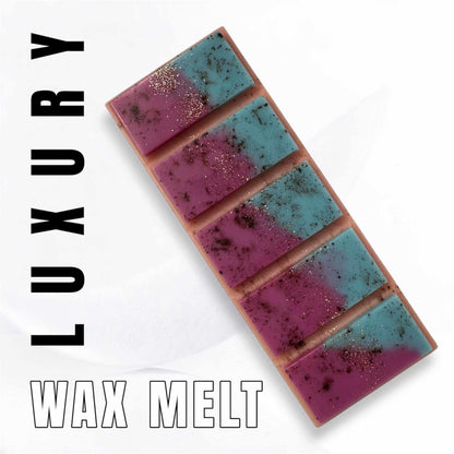 Moroccan Spa inspired luxury wax melt with purple and blue design on a white background