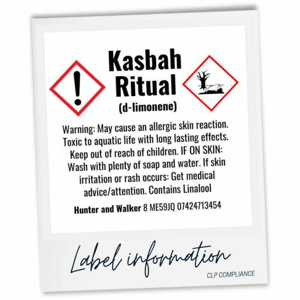 Kasbah Ritual Wax Melt CLP label with warning information on a white background