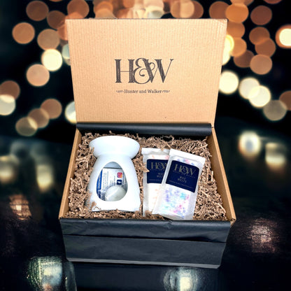 Luxury wax melt gift set featuring our mandala pattern wax warmer as an example of the gift box feature