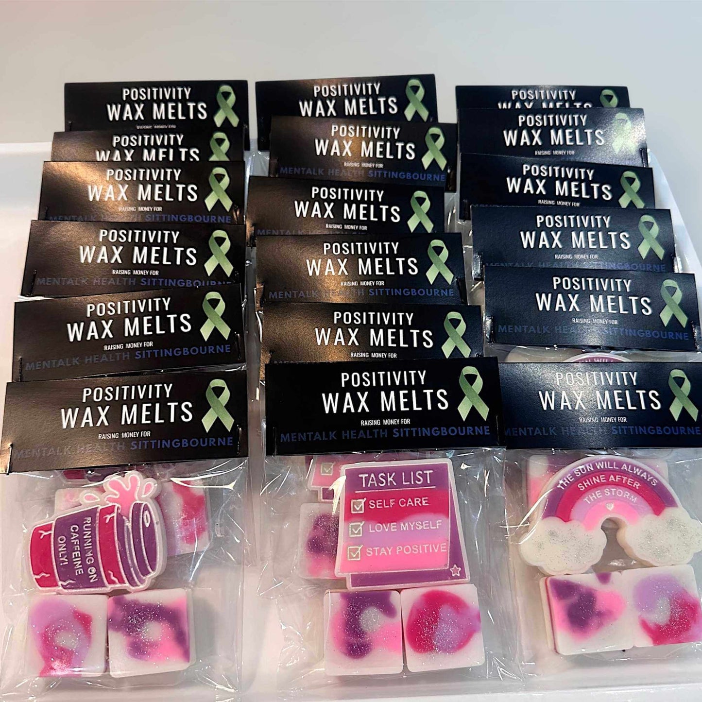 Mentalk Health Wax Melts in pink, white and purple