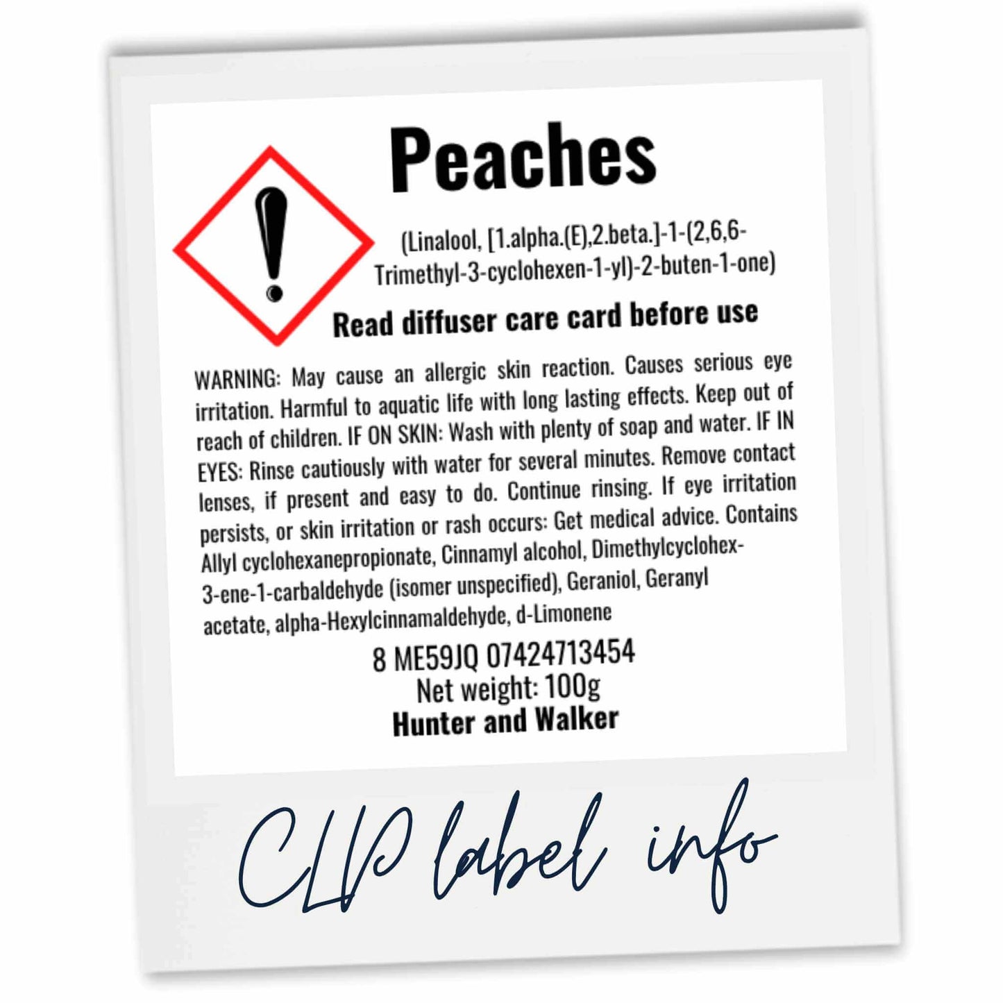 Product label for peaches with warning and care instructions on a white background