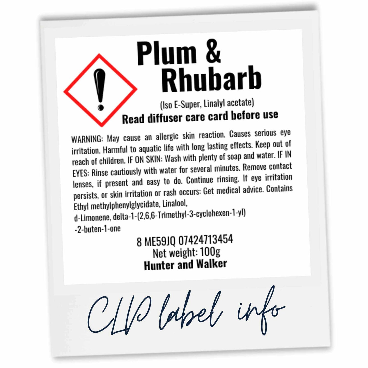 Plum & Rhubarb diffuser CLP warning and label information on a white background