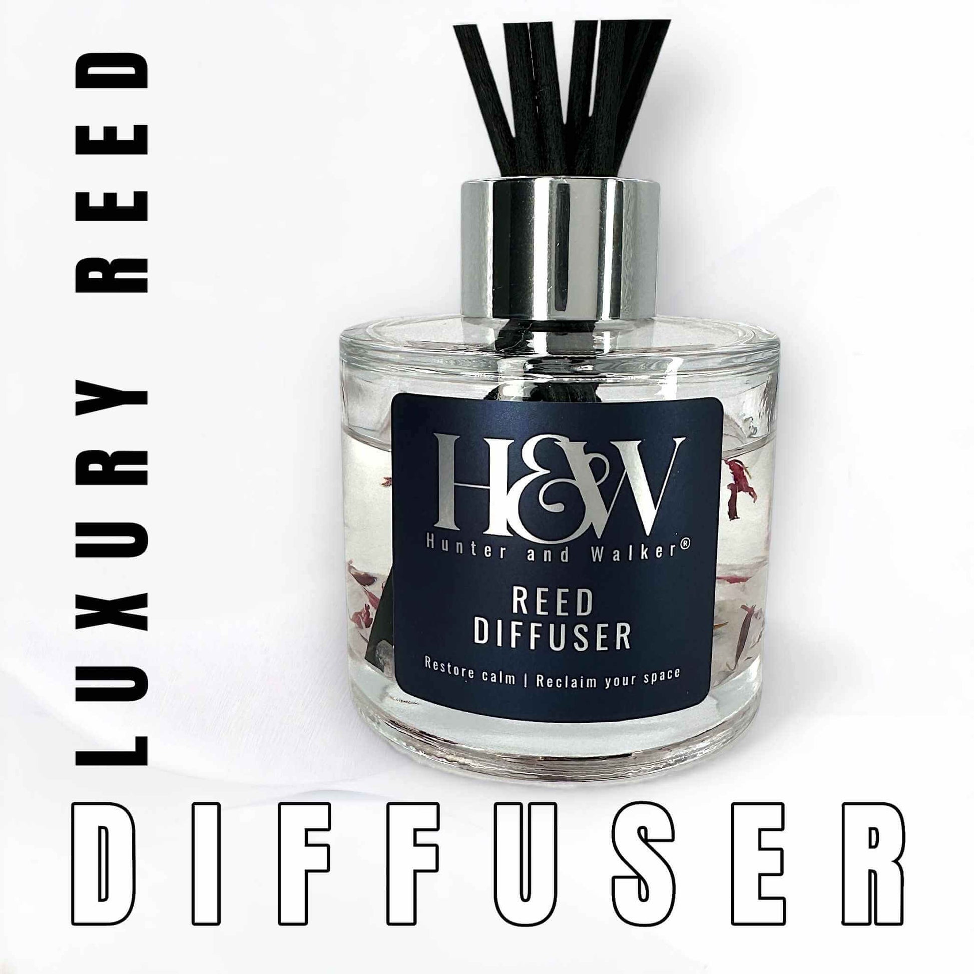 Plum and Rhubarb Reed diffuser with 'Hunter and Walker' label on a white background.