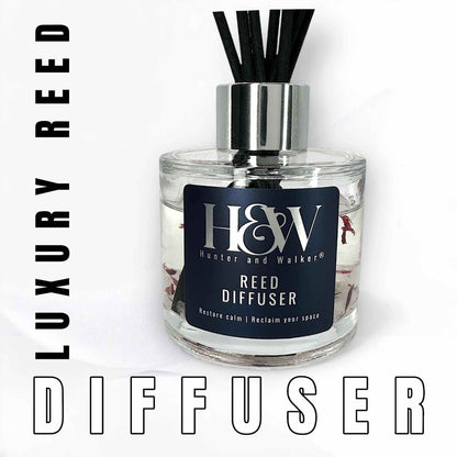Plum and Rhubarb Reed diffuser with 'Hunter and Walker' label on a white background.