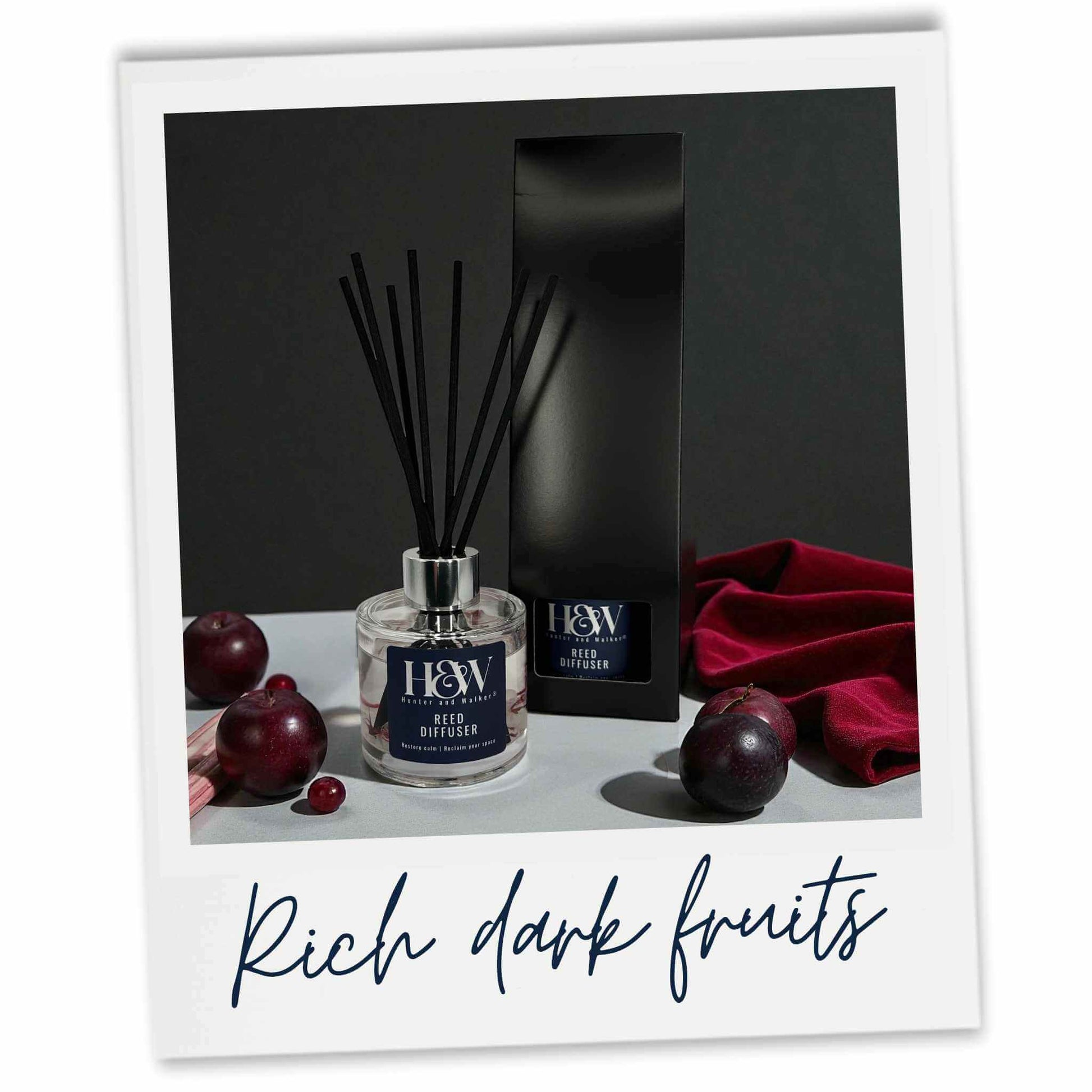 Plum and rhubarb room diffuser with packaging and dark fruits on a dark background