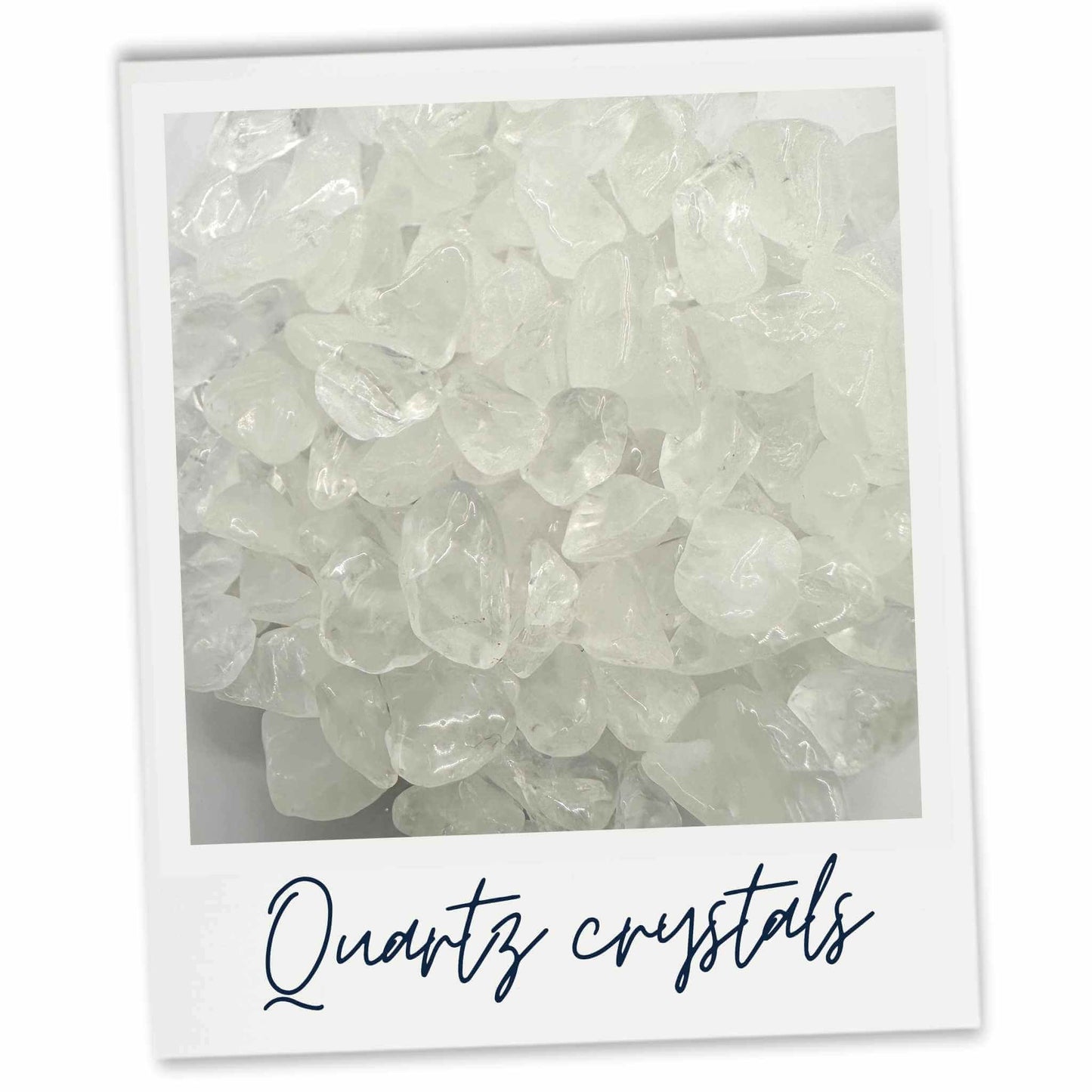 Quartz crystals with a white border and text overlay on a light gray background