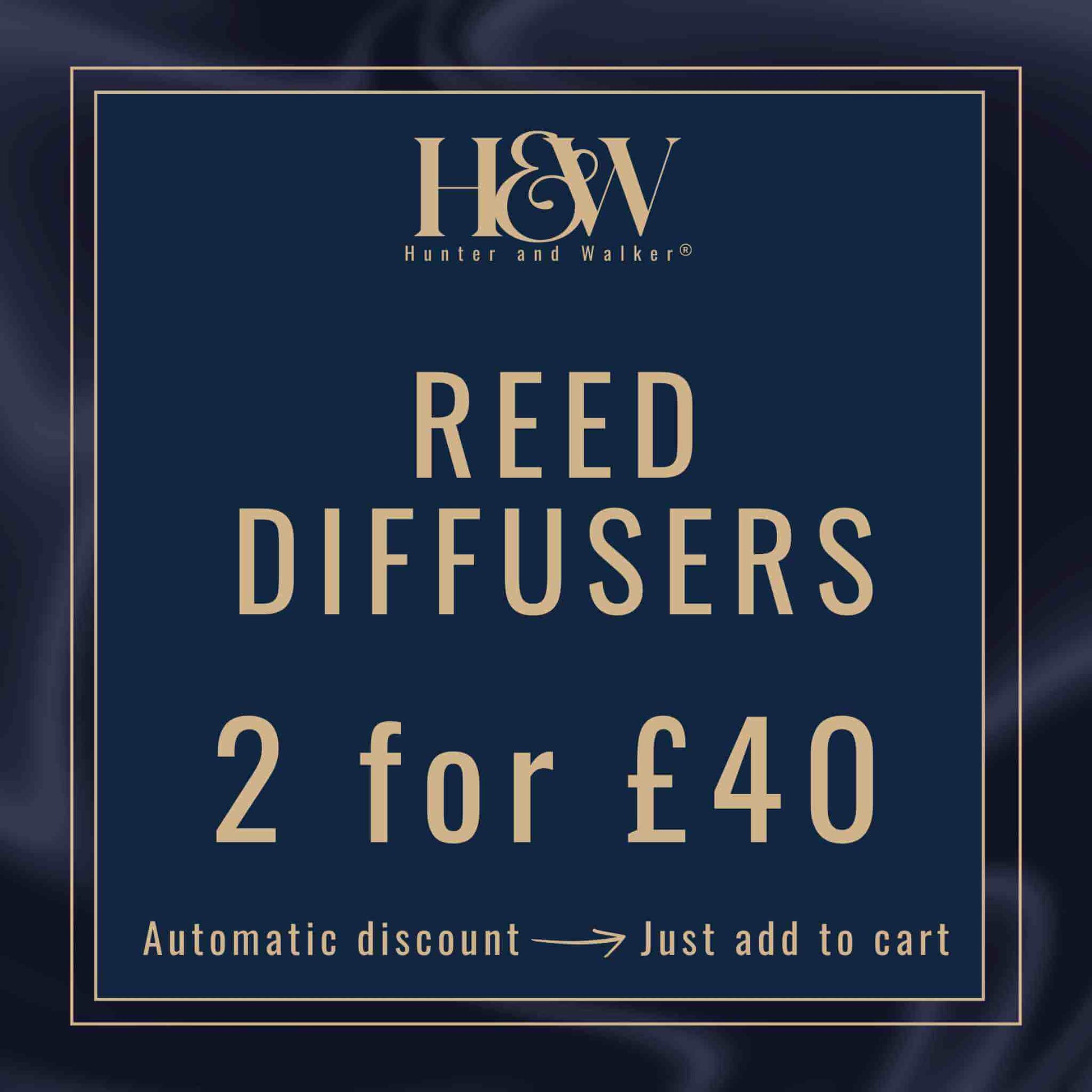 Advertisement for Reed Diffusers by Hunter and Walker with a discount offer on a dark blue background.