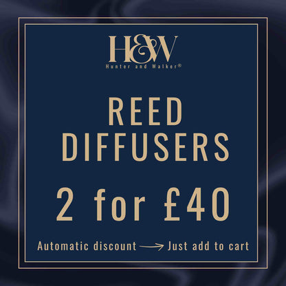 Advertisement for Reed Diffusers by Hunter and Walker with a discount offer on a dark blue background.
