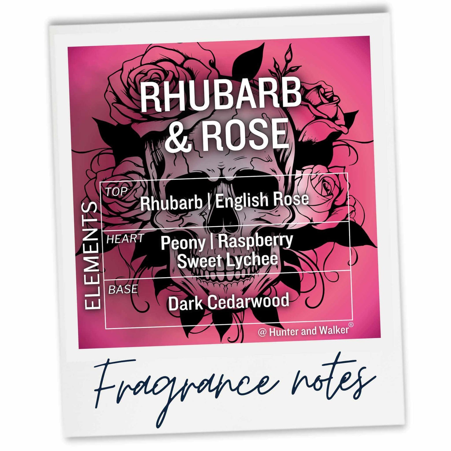 Fragrance label for Rhubarb & Rose Day of the Dead Skull Wax Melts with pink and white floral skull design and fragrance notes.