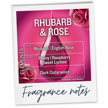 A fragrance notes card for 'Rhubarb & Rose' by Hunter and Walker, showing a pink graphic with rose imagery and a central droplet, with text listing top, heart, and base notes. The card is displayed on a white background with a blue handwritten 'Fragrance notes' signature underneath.