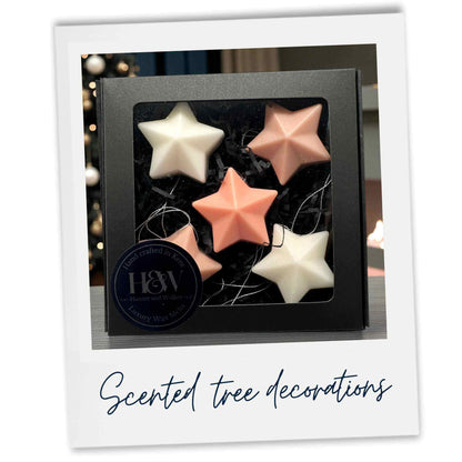 Close up of 5 mulled wine scented wax melt star tree decorations