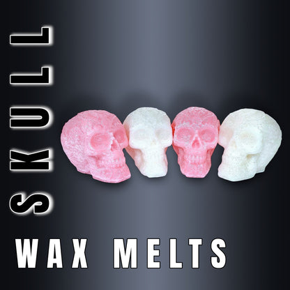 Skull-shaped wax melts on a dark background with 'SKULL WAX MELTS' text.