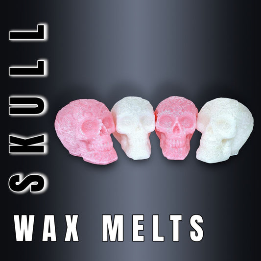 Skull-shaped wax melts on a dark background with 'SKULL WAX MELTS' text.