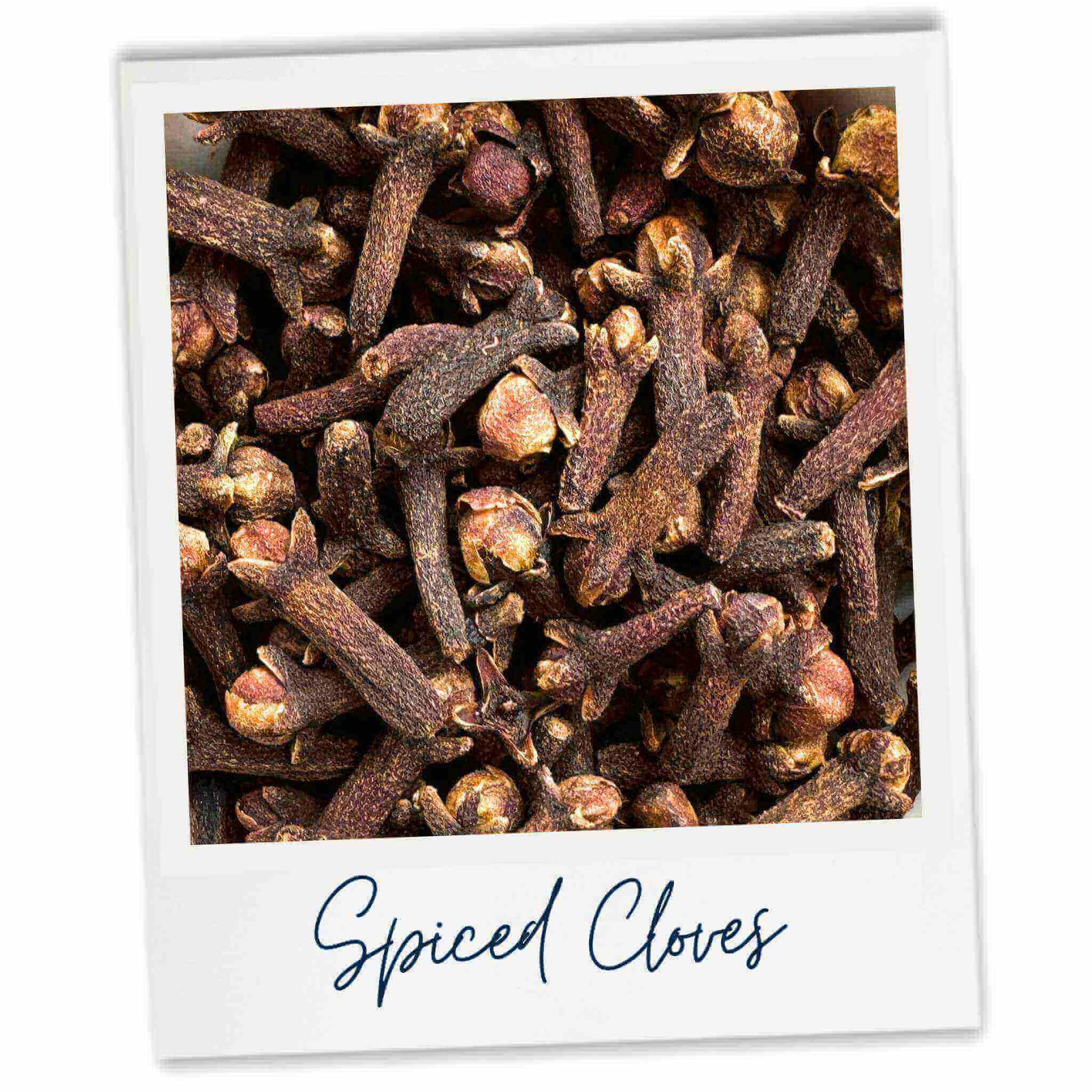Close-up of spiced cloves with 'Spiced Cloves' text overlay.