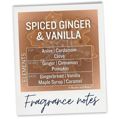 Fragrance label for 'Spiced Ginger & Vanilla' Gingerbread fragrance notes on a brown background.