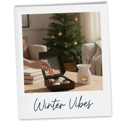 A black box of 5 Star Christmas decorations on a table in front of a Christmas Tree