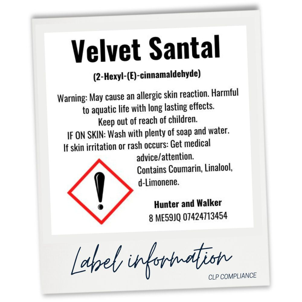 Label for 'Velvet Santal' with warning information and contact details.