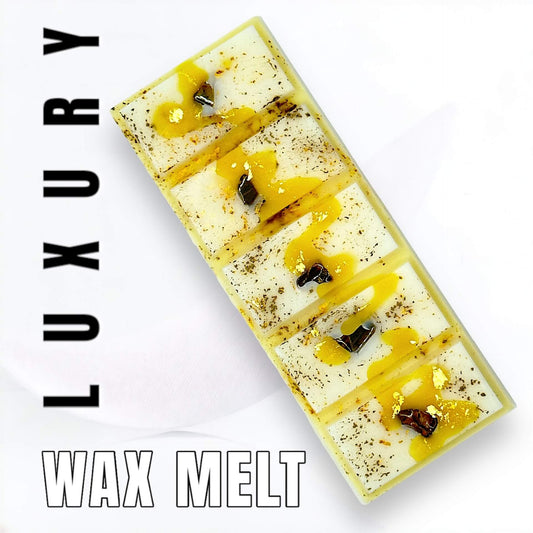 Limited edition Honey and Spiced Amber Luxury Wax Melt. Drizzled in local Wildflower bees wax and 24ct gold leaf.
